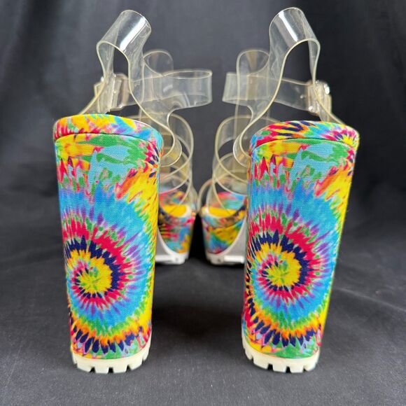 Qupid Platform Chunky 5" Heels Women's US 10 Colorful Tie-Dye Retro Clear Straps - Picture 5 of 6
